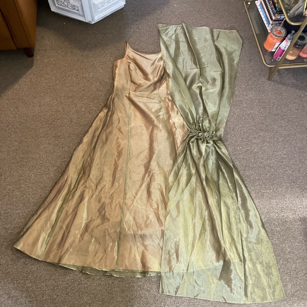 Vintage A-line dress. Comes with shawl, lined with green roses on the back. - Picture 3 of 7